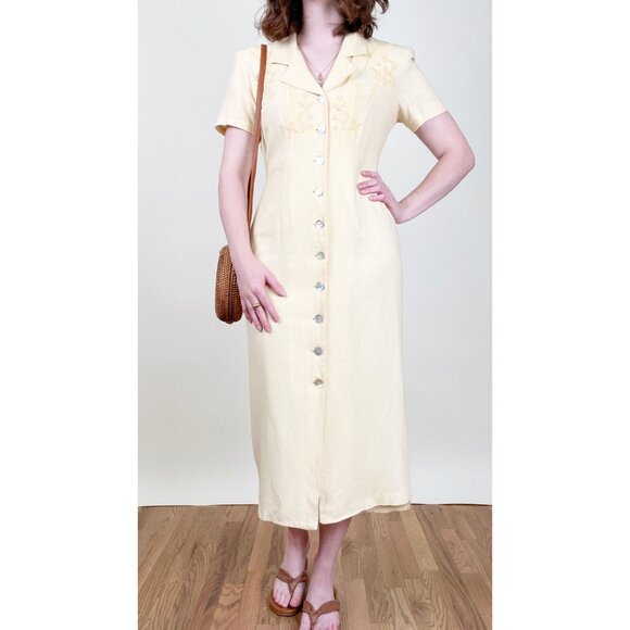 Vintage Linen Floral Embroidered Button Up Down Midi Dress Summer Sun Sundress - Picture 1 of 7